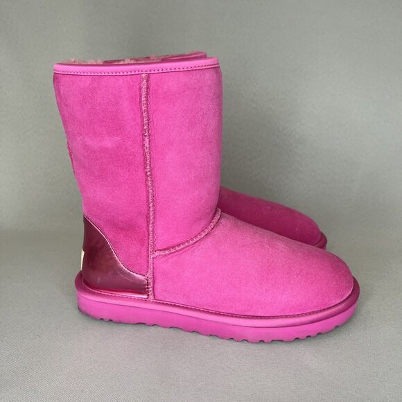 UGG Shoes - Womens UGG Australia Boots Sz 7 Classic Short PINK Metallic Heel Festival Suede